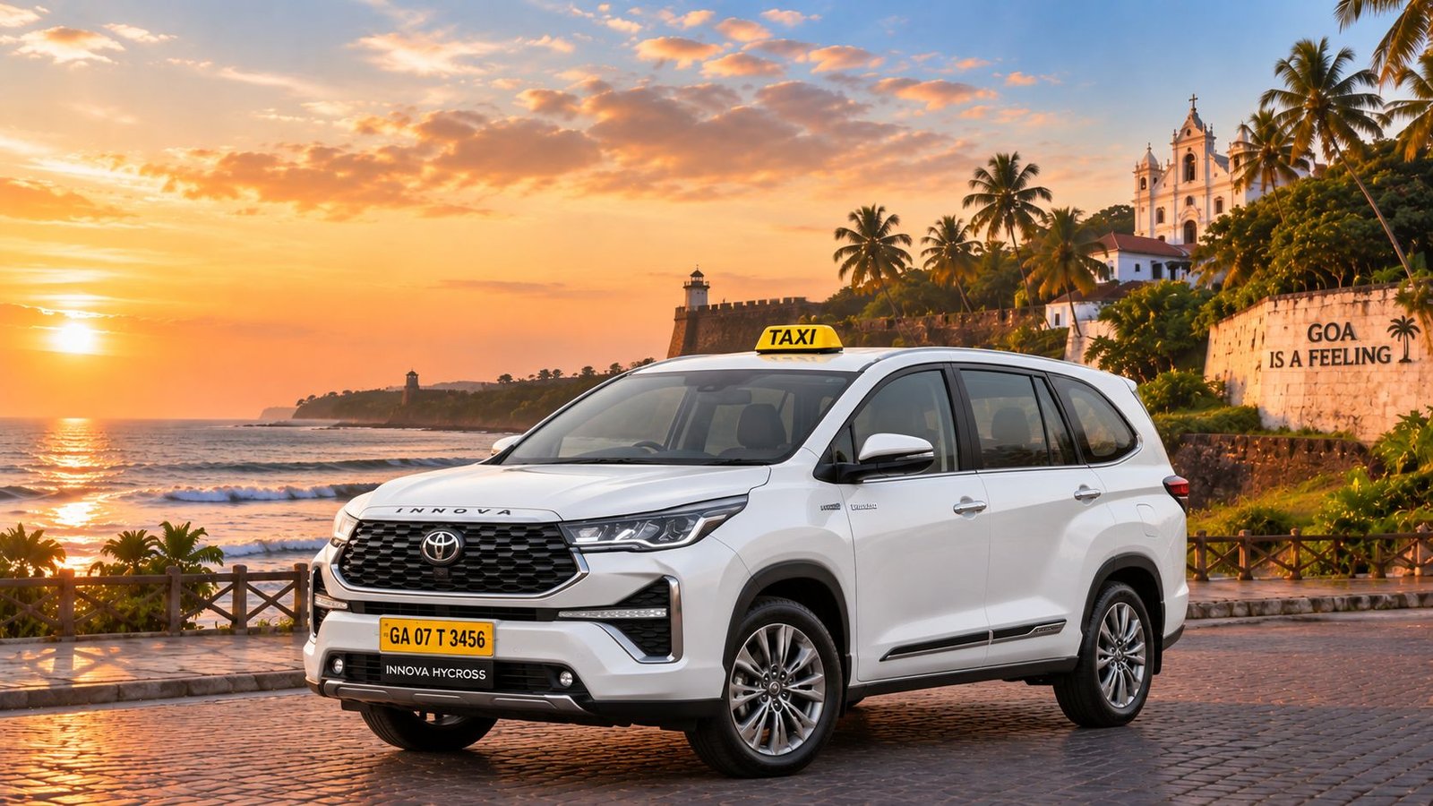 White Toyota Innova Hycross taxi for comfortable Goa travel