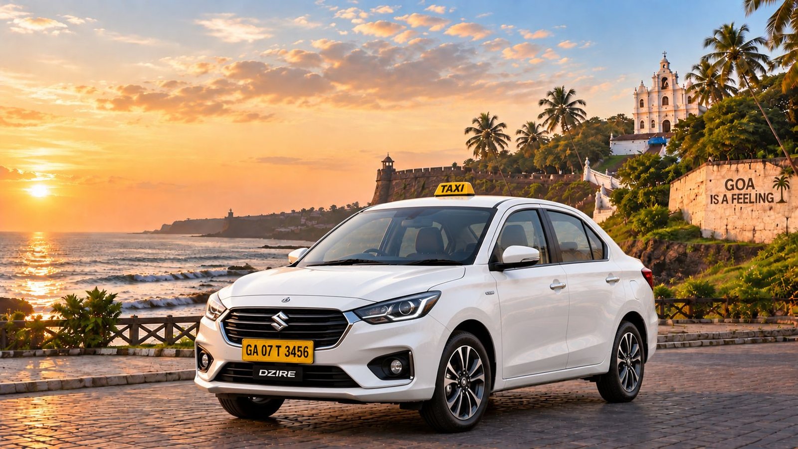 White Maruti Swift Dzire taxi for Goa airport transfers