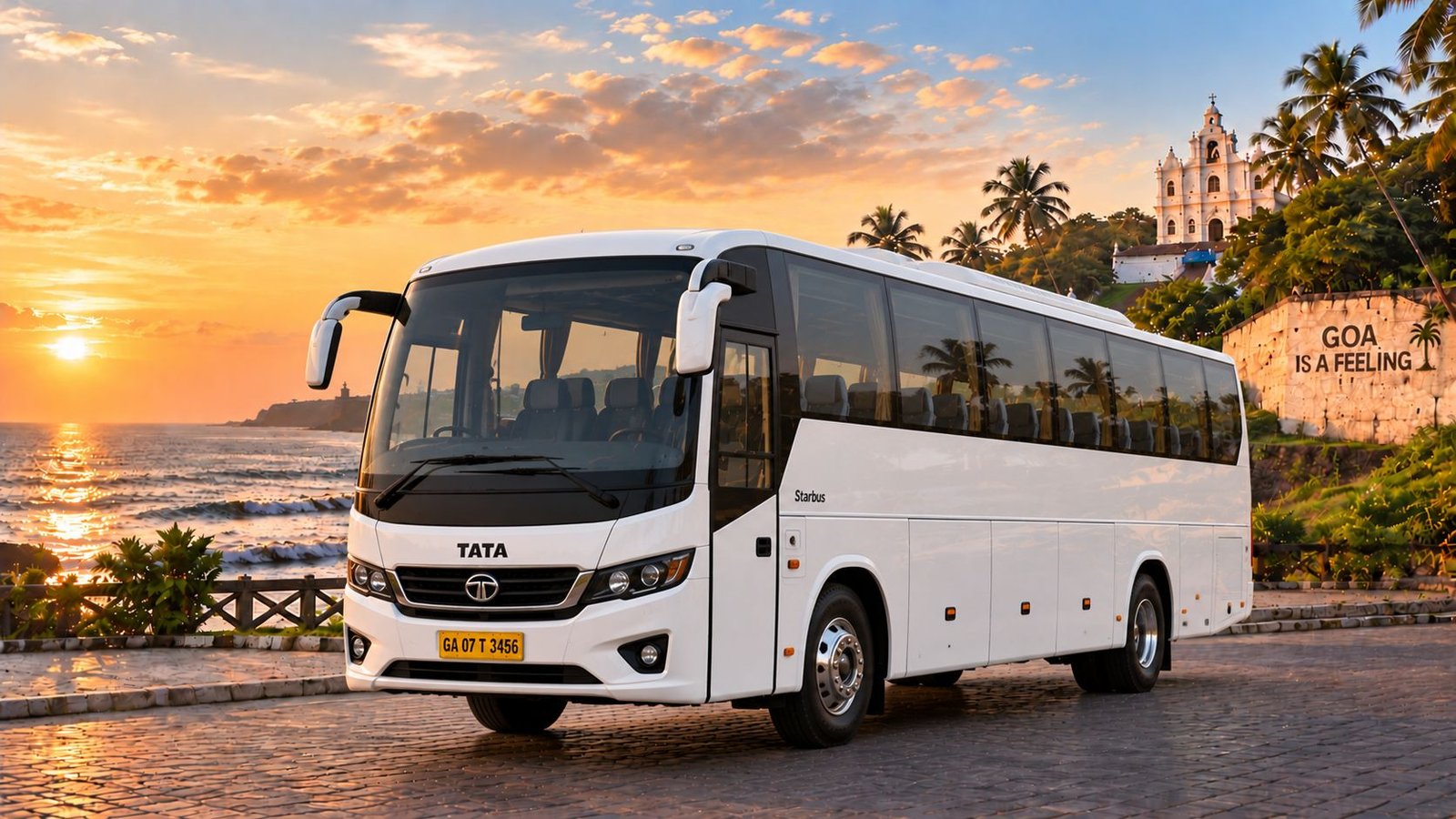 White tourist bus for group travel and tours in Goa